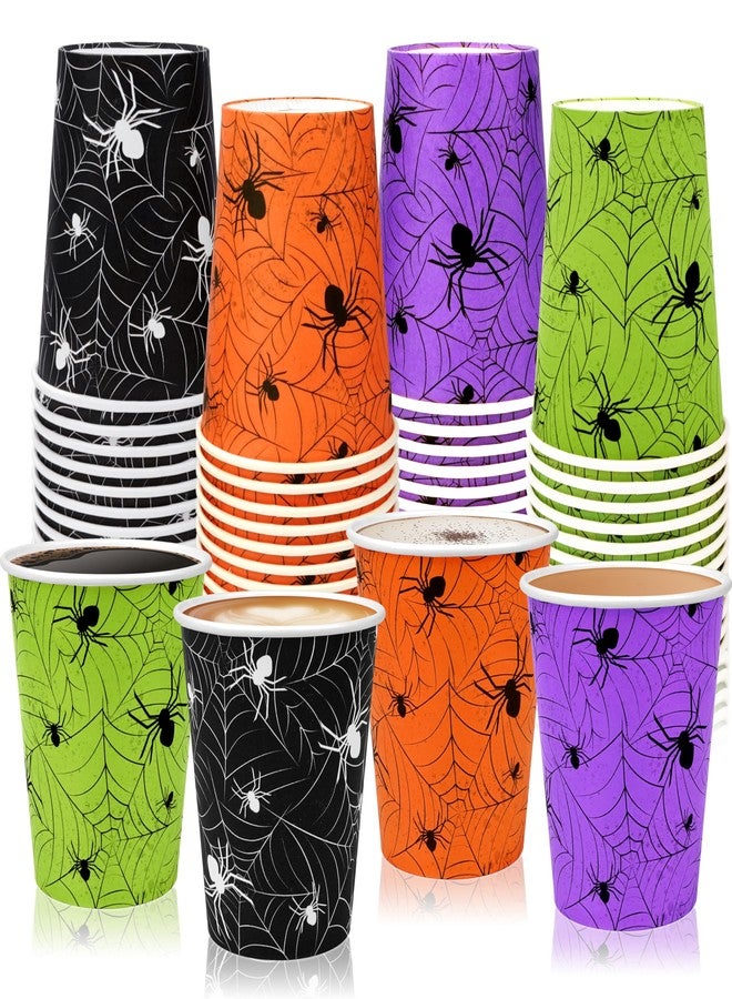 TREWAVE 48Pcs Halloween Paper Cups - 9oz Disposable Party Cups for Hot/Cold Drinks, Snacks - Spider Web Pattern Design in Orange, Purple, Black, Green - Festival Party Supplies - Image 1